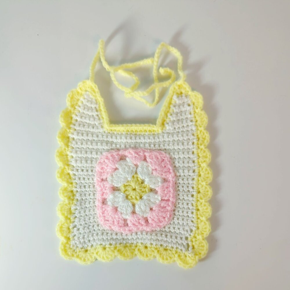 Vintage Handmade Crochet Baby Doll Bib Pastel Yellow White Tie Closure